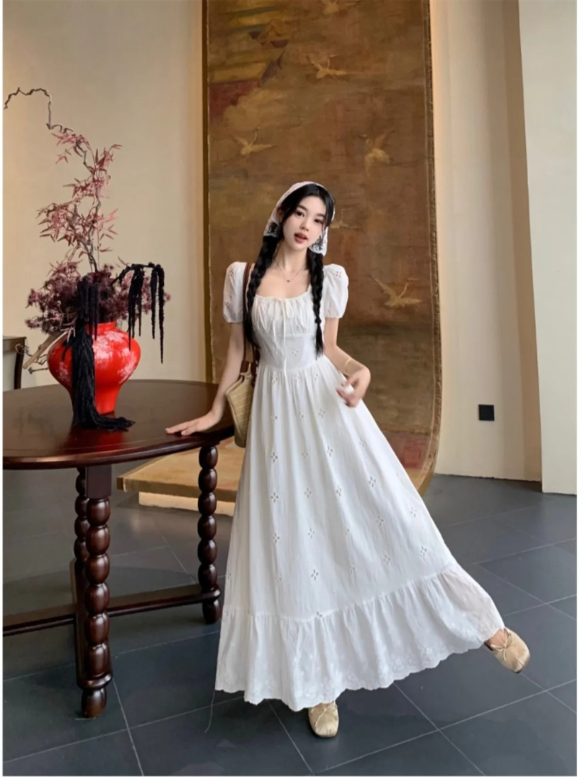 

plus Size Tea Break Dress Women's Fashion Gentle Embroidery White Skirt Conceal Belly Slimming Skirt Korean Style A-Line Dress