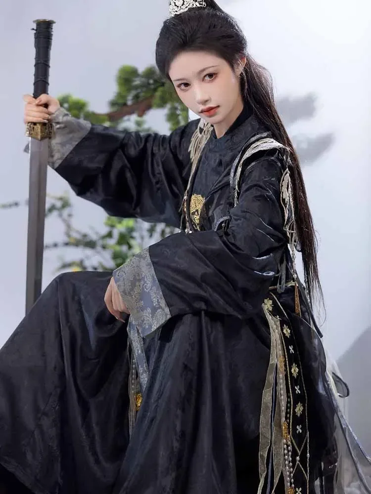 

Chinese Hanfu Tang Suit Black Round Neck Vest Embroidered Gold Double Dragon Play Beads For Unisex Cosplay Costume Plus Size XL