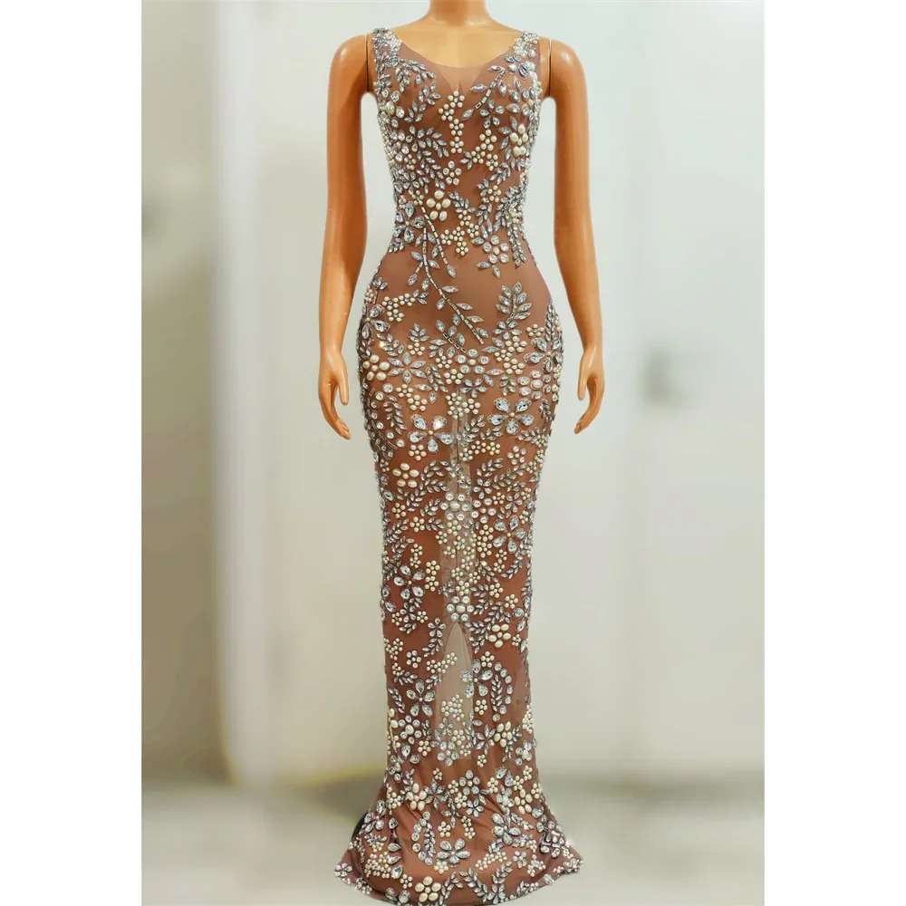 Slim Sexy Long Dress Luxurious Rhinestone Pearl MeshWomen Model Singer Catwalk Show Transparent Gown Birthday Party Stage