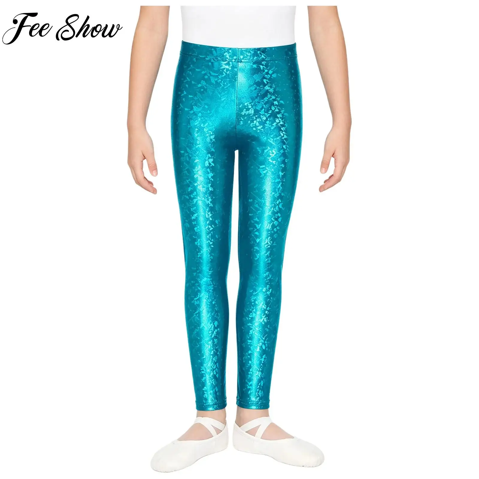 Kids Boys Girls Metallic Leggings Elastic Waistband Shiny Skinny Pants for Hip Hop Jazz Gymnastic Dance Stage Performance Show