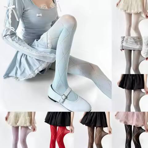 Lightweight JK Grid Mesh Tights Hollow Out Argyle Pattern Vintage Summer Stocking Women Solid Elastic Pantyhose Slimming Hosiery