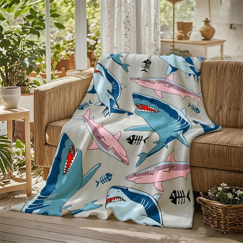 Sharks Fish Bones Grey Flannel Blanket Perfect for Sofa Office Bed Travel Sleep Read Relax Camping Four Season Use