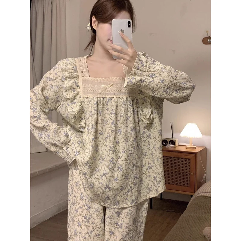 Floral Sleepwear Lace Women Pajamas Set Autumn Piiama Korean Long Sleeve Sets 2 Pieces Night Wears Square Collar Home Wear New