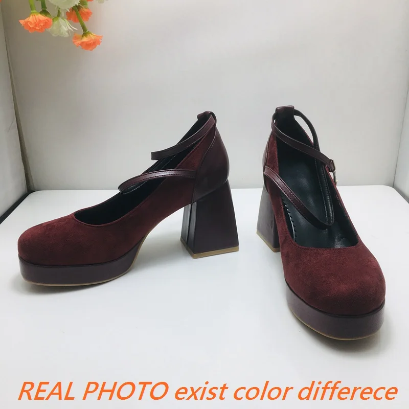 REAVE CAT Fashion Women Pumps 32 33 Round Toe Block Heels 9cm Flock Suede Ankle Buckle Strap Size 44 45 Party Shoes