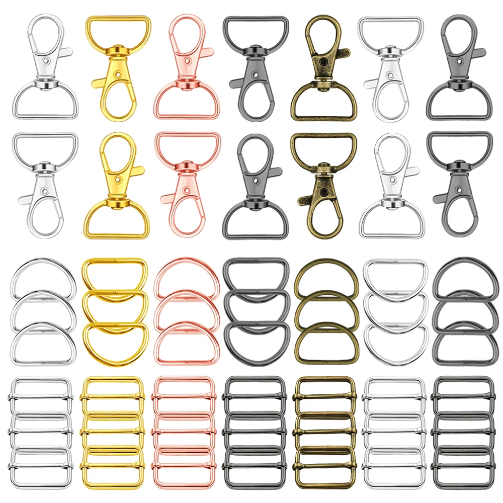 12/24 Sets D-Shaped Rotatable Alloy Spring Buckles, Metal D-Rings and Sliding Buckles, for DIY sewing, crafts, bag accessories