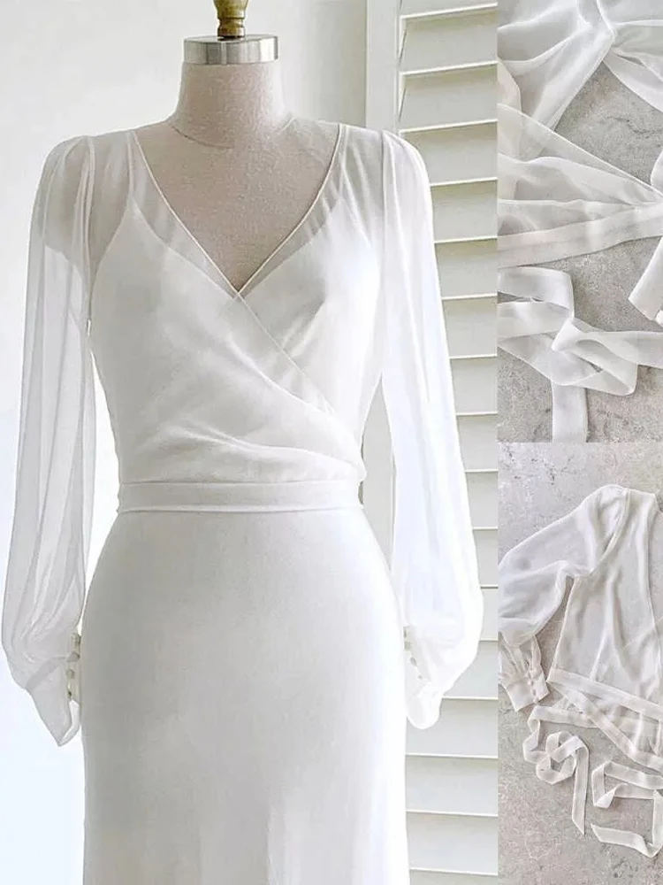Chiffon Wedding Bridal Jacket Long Sleeves Wrap Elegant Lace Up V Neck Bowknot Button Customized