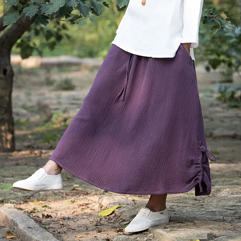 Nuovo 2026 Primavera Autunno donna gonne lunghe in cotone e lino Comode gonne casual morbide con tasche gonne lunghe larghe falda mujer