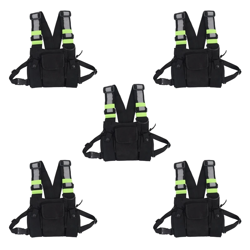 Y44A 5X Radio Chest Harness Pouch Holster Vest Carry Case for 2 Way Walkie Talkie, Nylon Black+Green