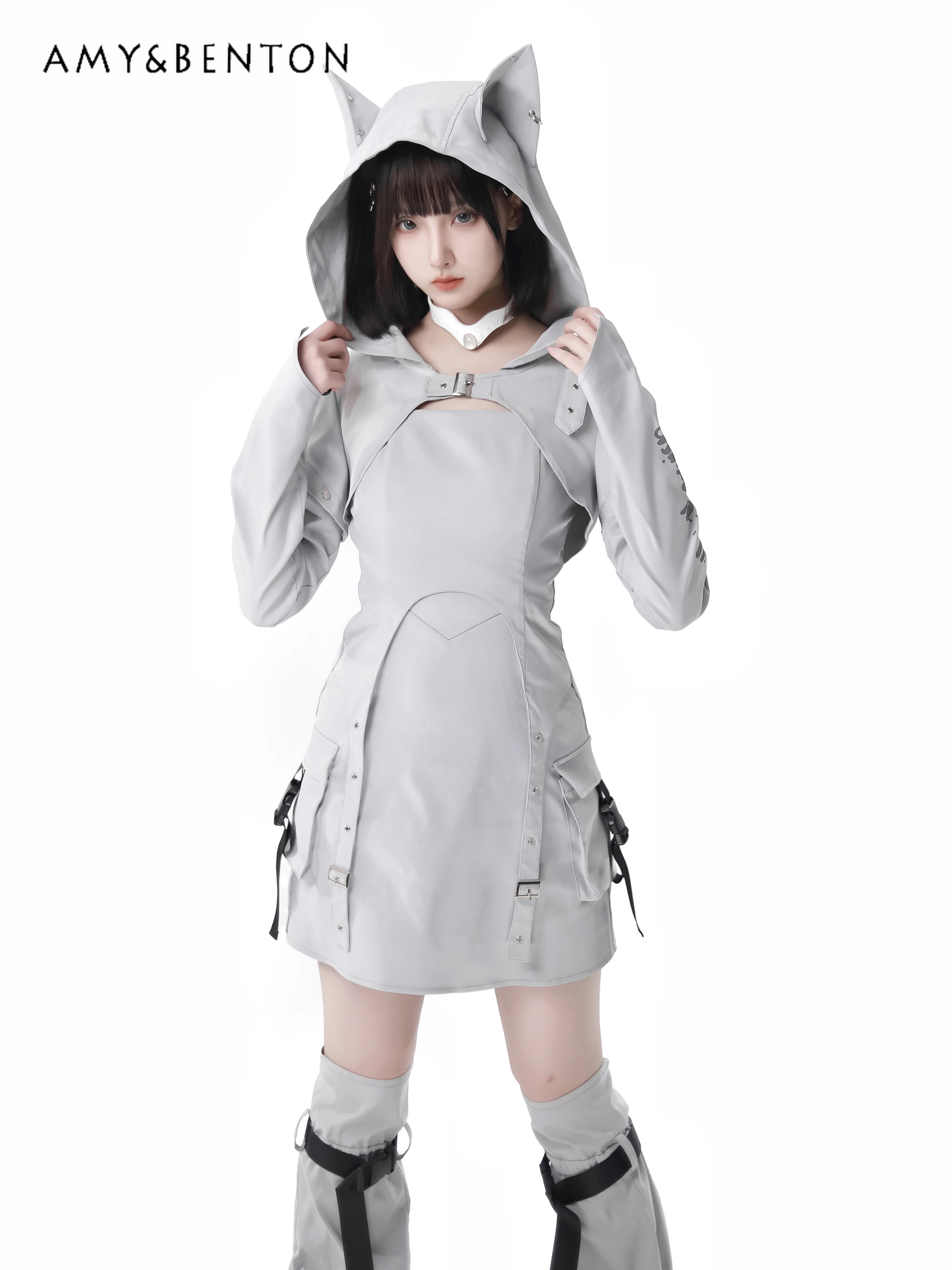 Original Street Hot Girl Sweet Removable Sleeve Hooded Jacket Sleeveless A-line Dress Subculture Two-Piece Sets Womens Outfits