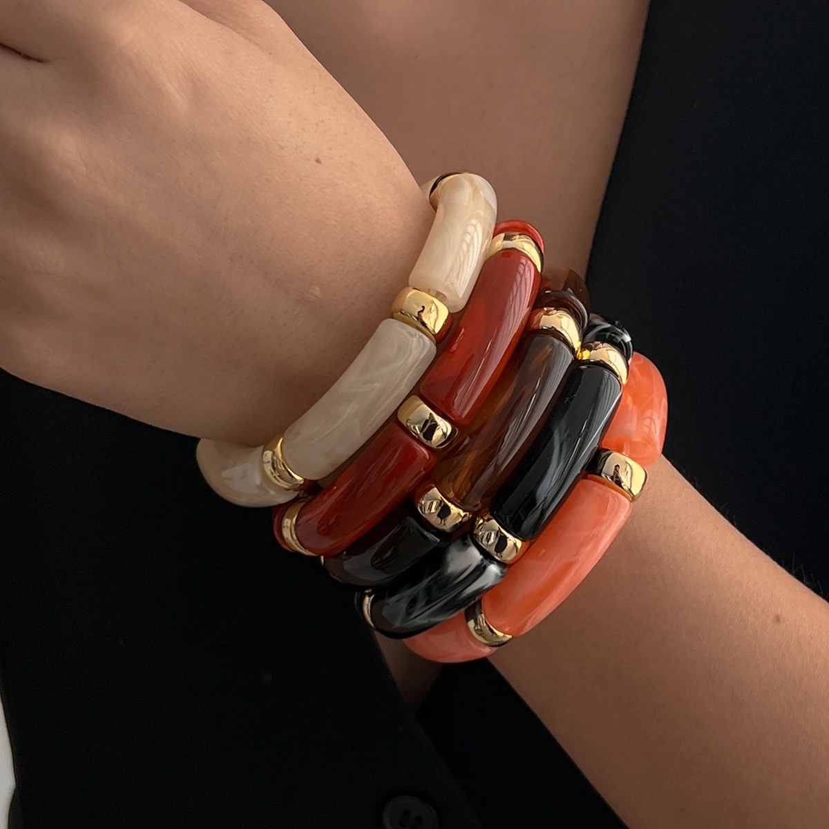 PuRui 3 Teile/satz Bohomia Bunte Bambus Rohr Stapelbare Kunststoff Perlen Armband für Frauen Vintage Elastische Armreif Paar Schmuck – Detail 5