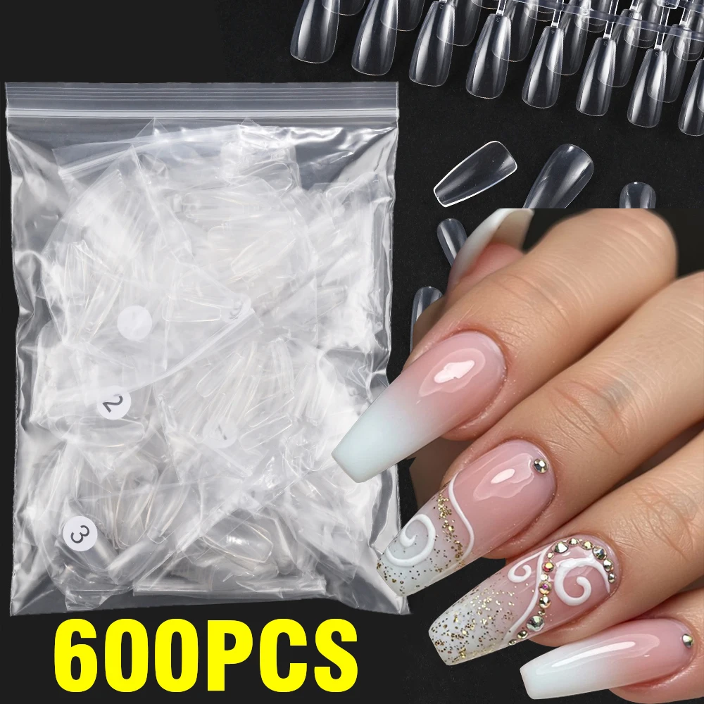 

600pcs/bag Long Coffin Transparent False Nails Tips Full Cover Short Square Almond Fake Nails For Nail Extension Manicure Tools