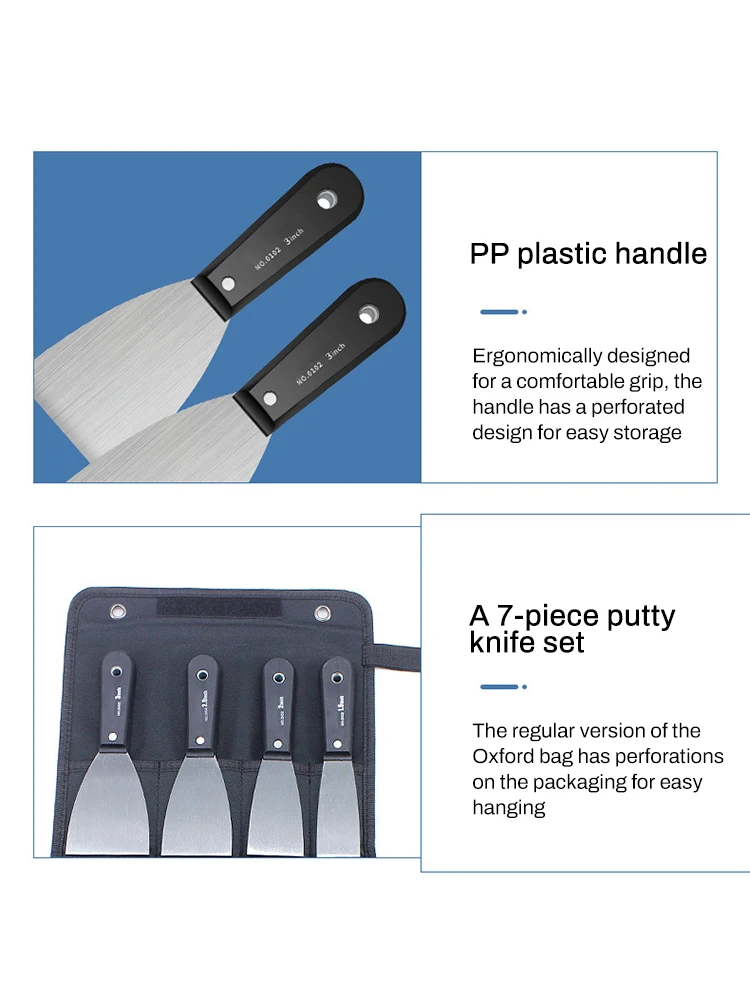7PCS Carbon Steel Putty Knives Set Flex Drywall Knife Paint Scraper Kit 7 Sizes Soft Grip Handle Canvas Storage Bag Included