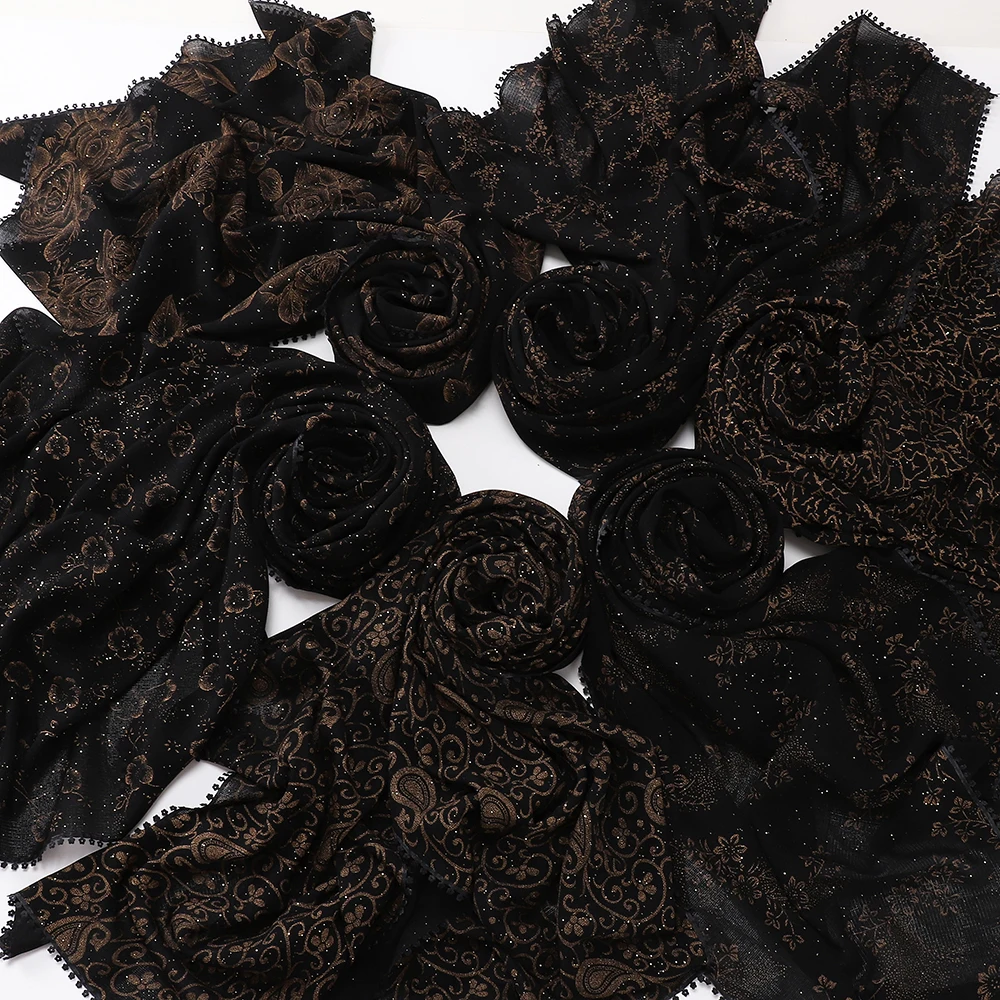 Vintage Glitzer-Hijab für Frauen, schwarz-brauner Schal mit Blumenmuster und Quastenrand, muslimisches Kopftuch, islamischer Schal. – Detail 10
