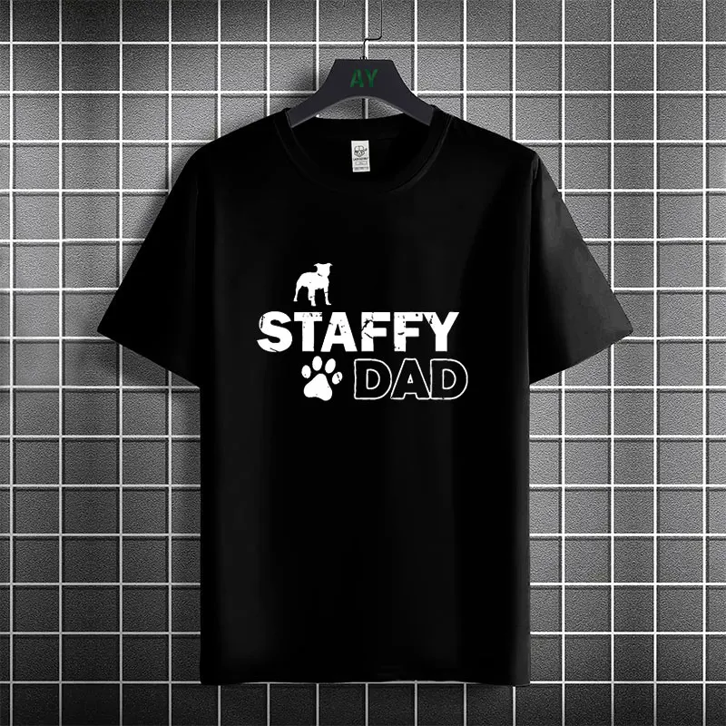 Funny Staffy Dad Graphic T-shirt with Staffordshire Bull Terrier Silhouette and Paw Desgin Short Sleeve Round Neck Casual Tshirt