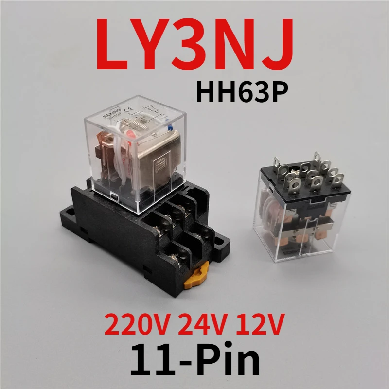 1PCS  Hh63p LY3 Ly3nj JQX-13F Relay 220V 24V 12V 12V AC / DC 10A 11 Pin Silver Contact Solenoid Micro Relay with Base