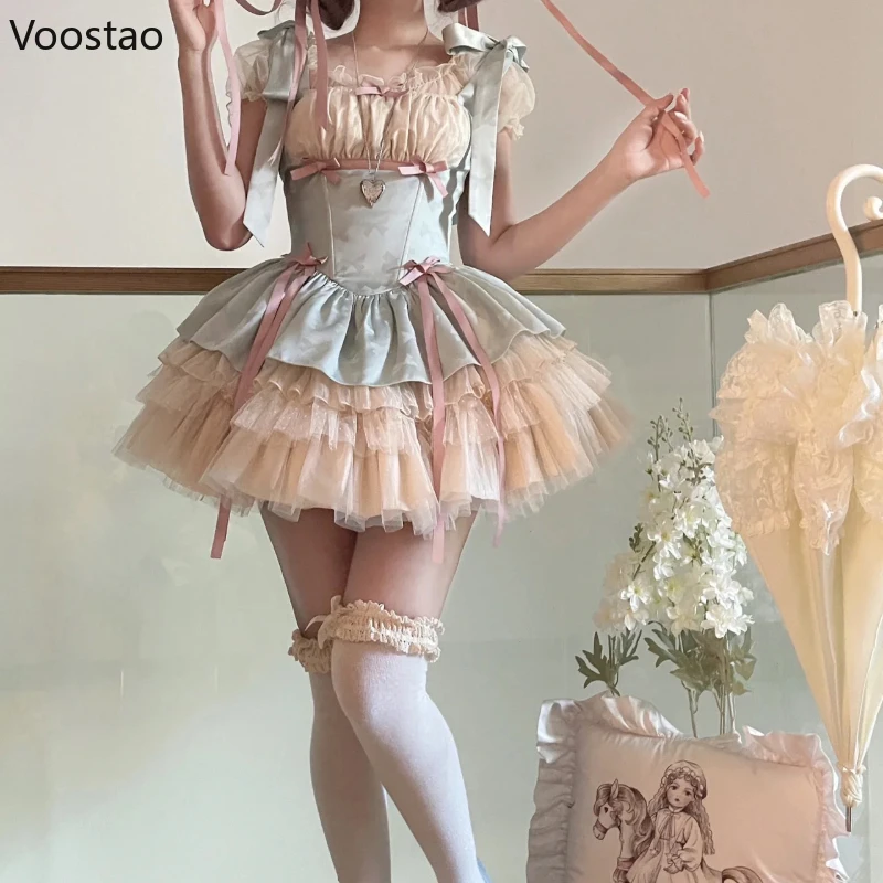 Sweet Lolita Jsk Dress Women Vintage Y2k Bow Ribbon Party Princess Dresses Japanese Girls Kawaii Ballet Style Mesh Mini Dress