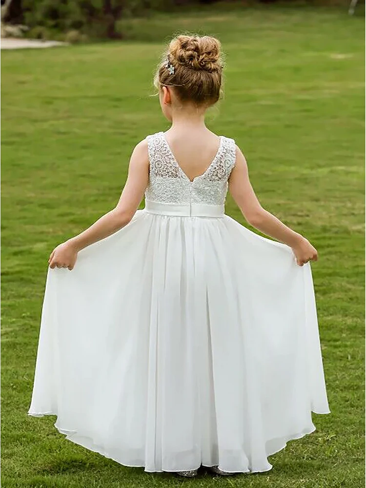 Robe de demoiselle d'honneur en mousseline de soie blanche pour enfants, robe de Rhd'anniversaire, robe de princesse en dentelle, ceinture dos nu, première occasion formelle, mariage