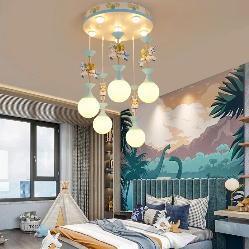 Pink Unicorn Cartoon Pendant Lamp Baby Room Children's Chamber Bedroom LED Eye Protection Chandelier