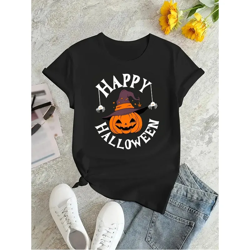 Happy Halloween Witch Hat Pumpkin Spider Printed Short Sleeved T-shirt for Women Round Neck Halloween Holiday Casual Top