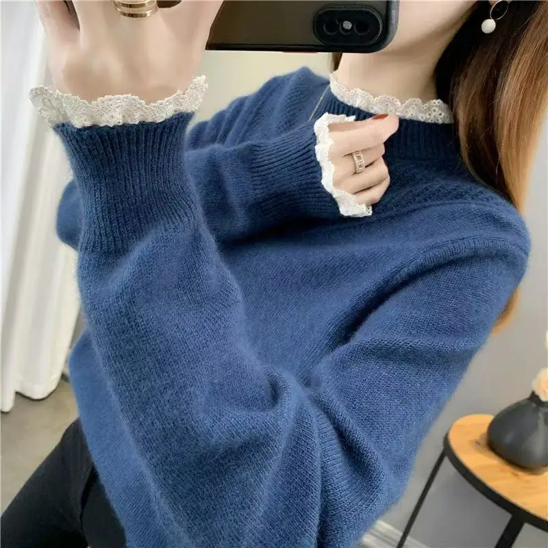 Pullovers Women Mock Neck Lace Patchwork Design Elegant Tender Sweet Colleges Autumn Sweaters Leisure All-match Female Lovely