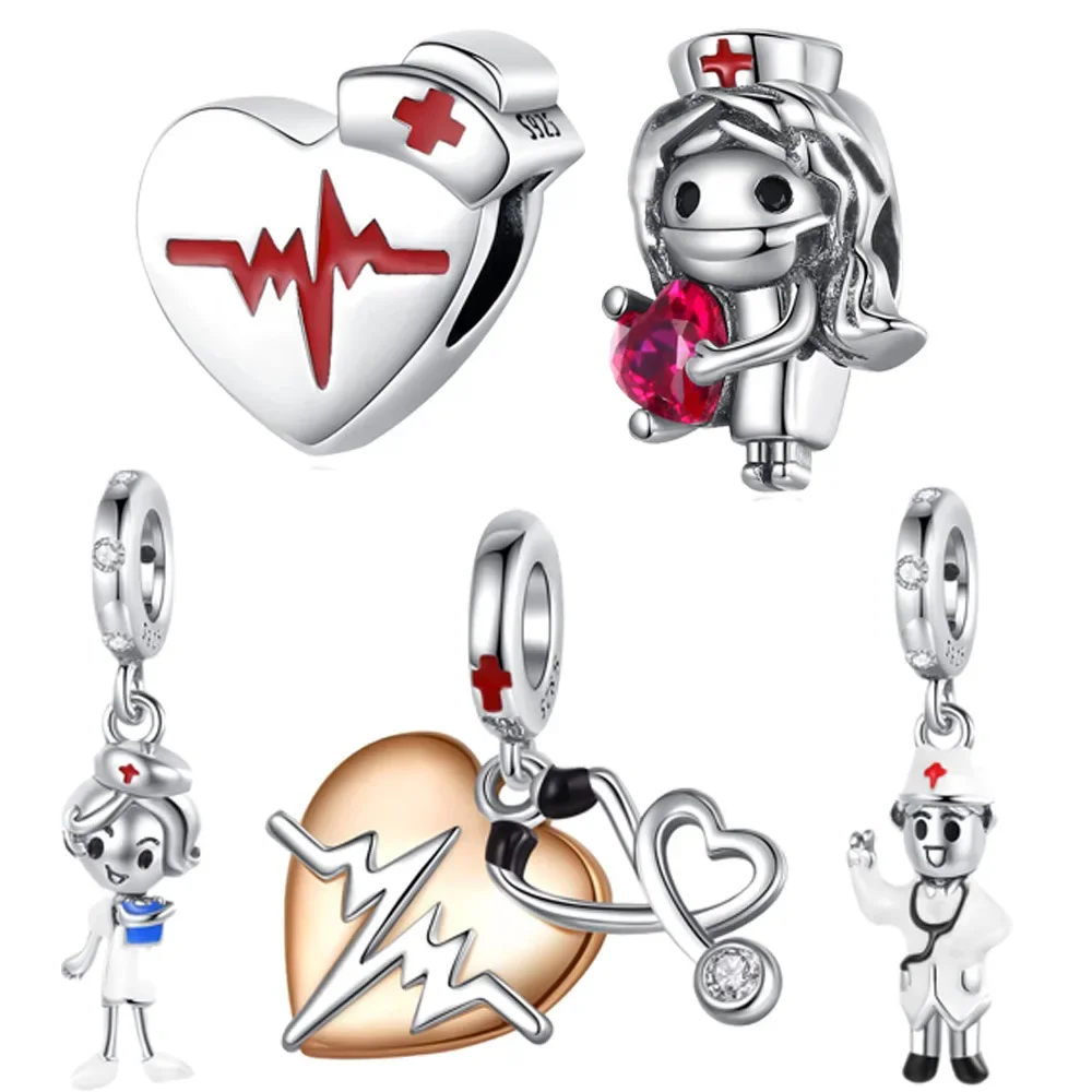 925 Sterling Silver Nurse Doll Heart Charms Beads Fit Original Bracelet Bag Keychain Charms Beads Pendant Diy Women Jewelry Gift