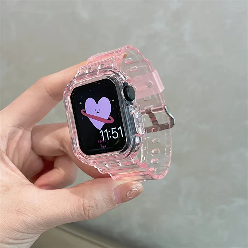 Leuke Roze Transparante Case + Band Voor Apple Horloge Band 49mm 41mm 40mm 44mm 42mm 38 Siliconen Armband Voor iWatch 8 7 SE 6 5 Gevallen