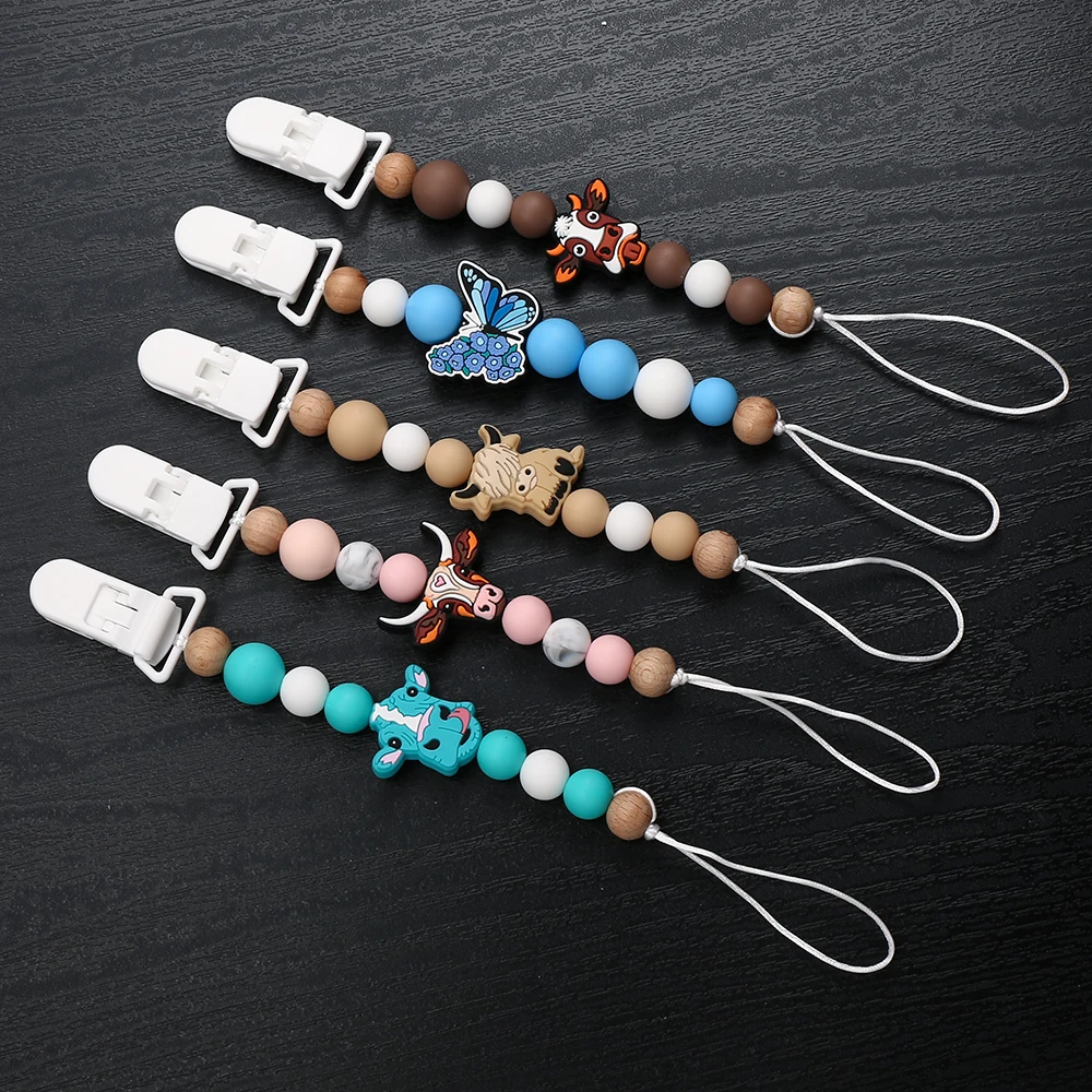 Cute Cartoon Animal Silicone Baby Pacifier Clips Wood Beads Soother Chew Teethers Toys Dummy Safe Teething Pacifier Chains Gifts