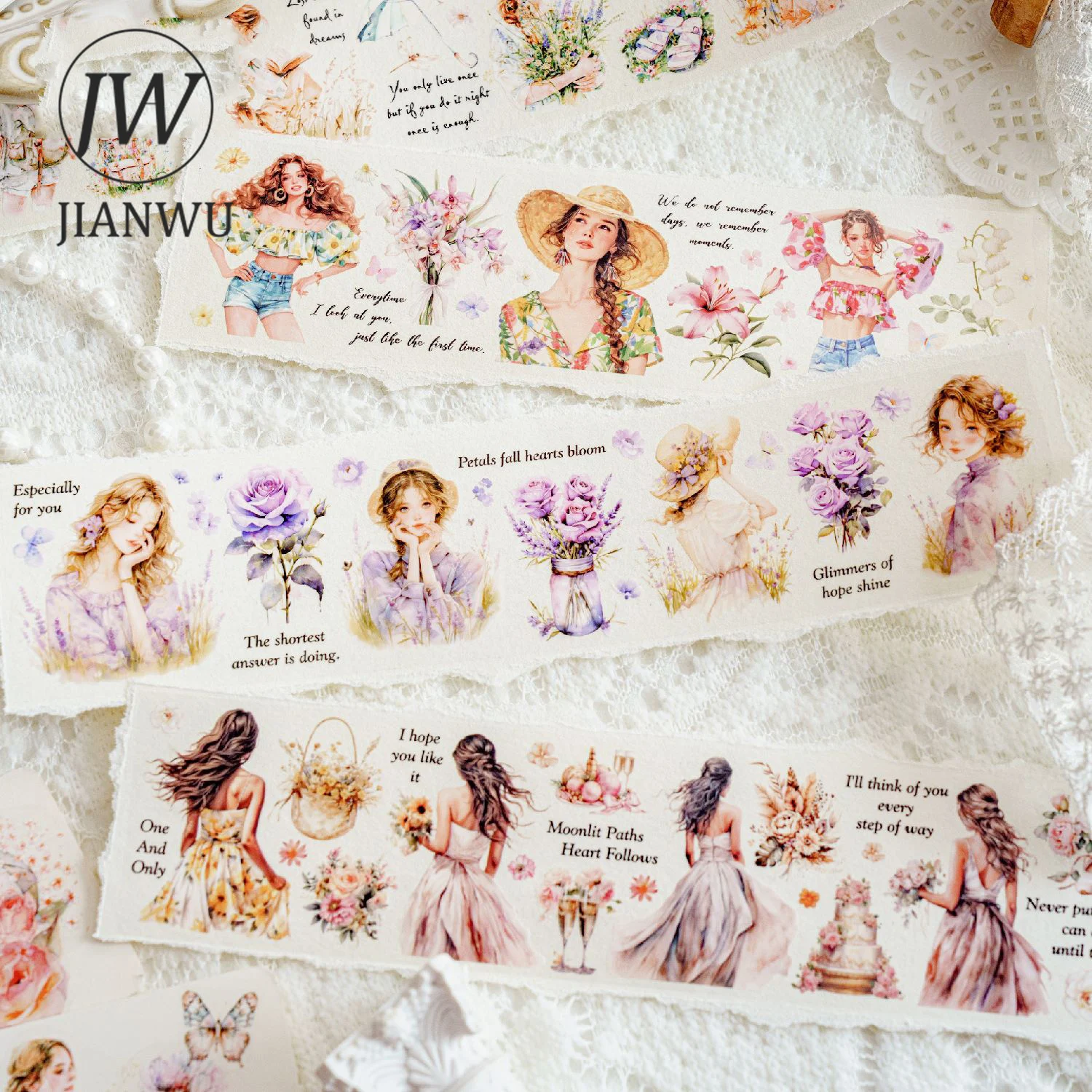 JIANWU 50mm*200cm Girl's Life Series Vintage Character Flower Material Collage PET Tape Creative DIY Journal Stationery