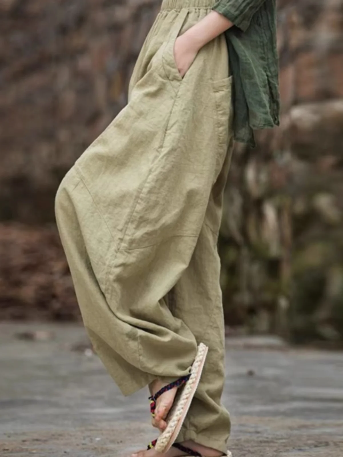Retro Thiened Fce Women's Lantern Pants High Waist Elastic Loose Leg Linen Carrot Pants Winter Casual Wide Leg Trousers