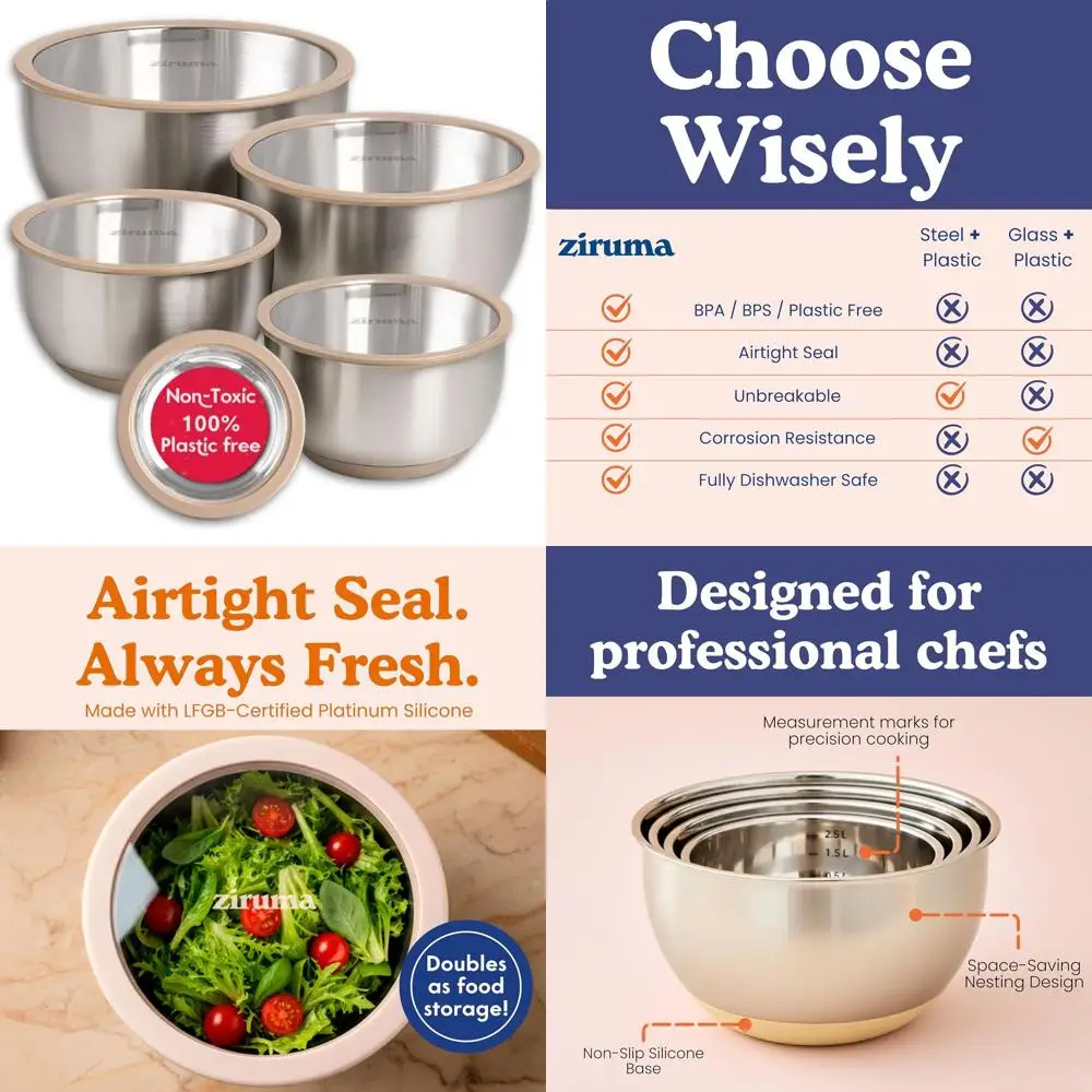 

Набор из 5 мисок из нержавеющей стали и стекла с силиконовыми крышками, нетоксичный, можно мыть в посудомоечной машине