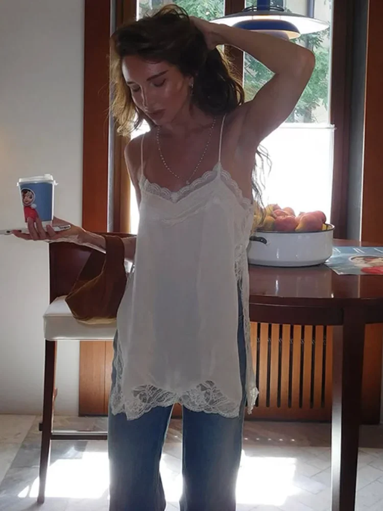 Women's Beige Lace Cami Top Sexy Slip Dress Date Night Pure Aesthetic Style Layering Strap Vest Summer Under Shirts
