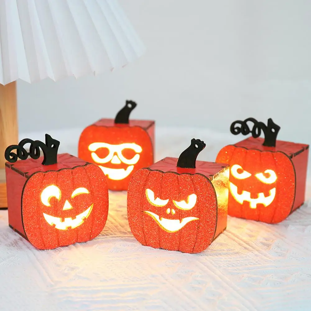 LED Pumpkin Lantern，Jack-o-Lantern Halloween,Wooden Pumpkin Lantern,Warm Light Halloween Lamp Ornament