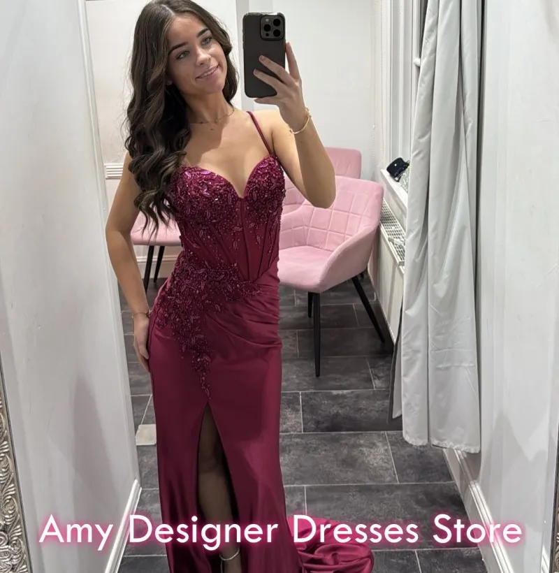 

Spaghetti Strap Prom Dresses 2026 For Girls Long Mermaid High Split Applique Beaded Evening Dance Gowns African Customized