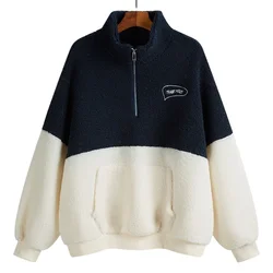 Sweat-shirt brodé demi-fermeture éclair pour femme, sweats à capuche avec poche, sourire polaire, vêtements d'hiver chauds, Harajuku