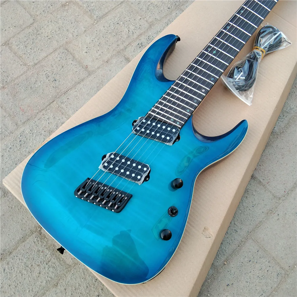 Blue Fan Fretted 7 Strings Fan Fretted Electric Guitar,Flame Maple Top Mahogany Body&Rosewood Fingerboard BJ-503