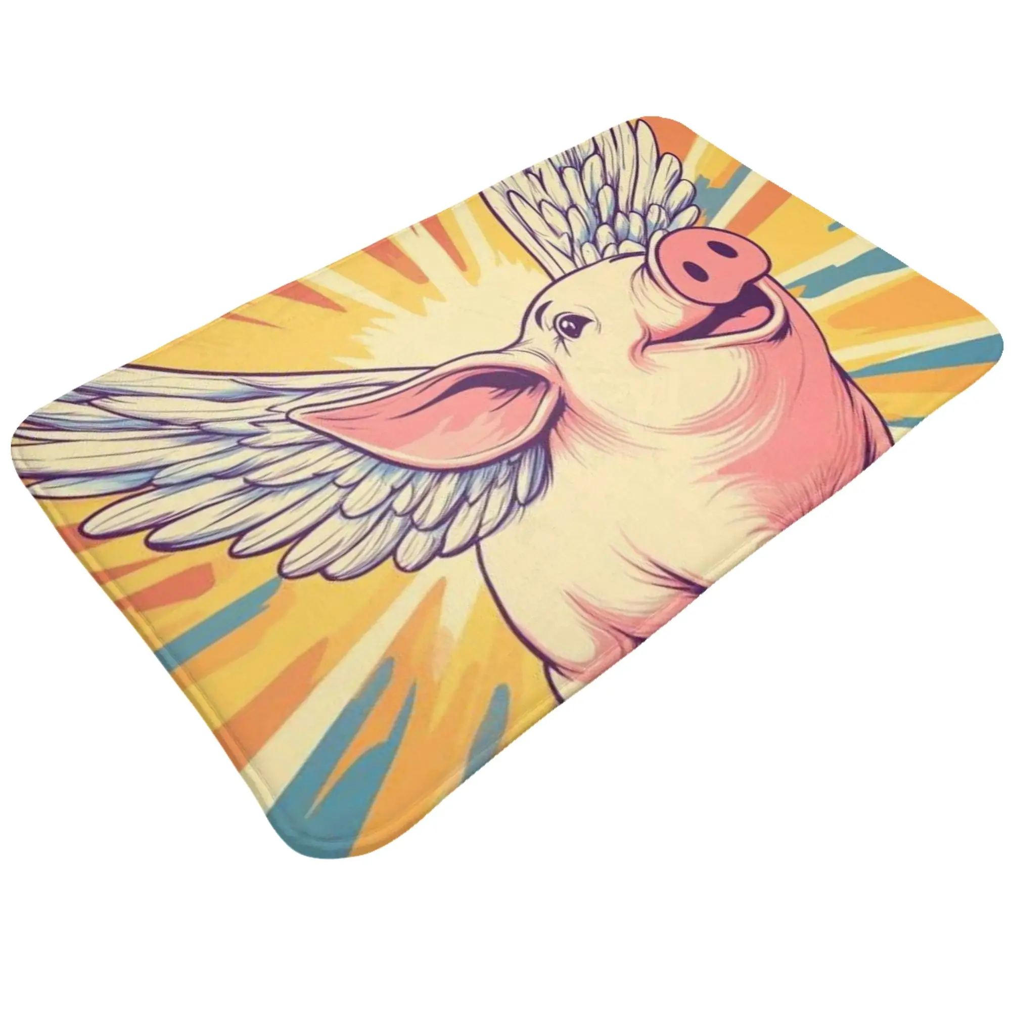 Flying Winged Pig Retro Sunburst Cartoon Art Non-slip Doormat Living Room Mat  Welcome Indoor Home Decorative
