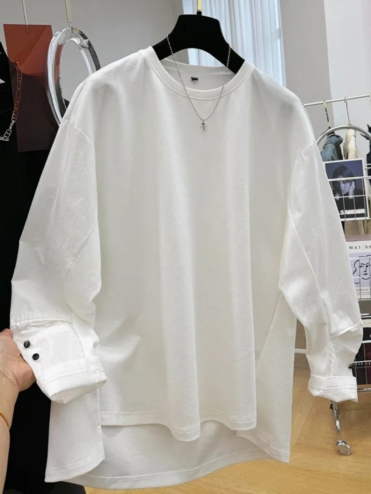 

SuperAen 2024 Spring and Autumn Unique Chic Shirt Long Sleeve Splicing Loose Round Neck T-shirt