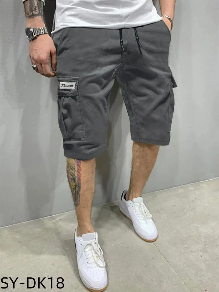 Mens Vintage Stand Pocket Cargo Shorts 2025 European Style Casual Beach Short Pants Solid Dark Gray Elastic Waist Hotpants New