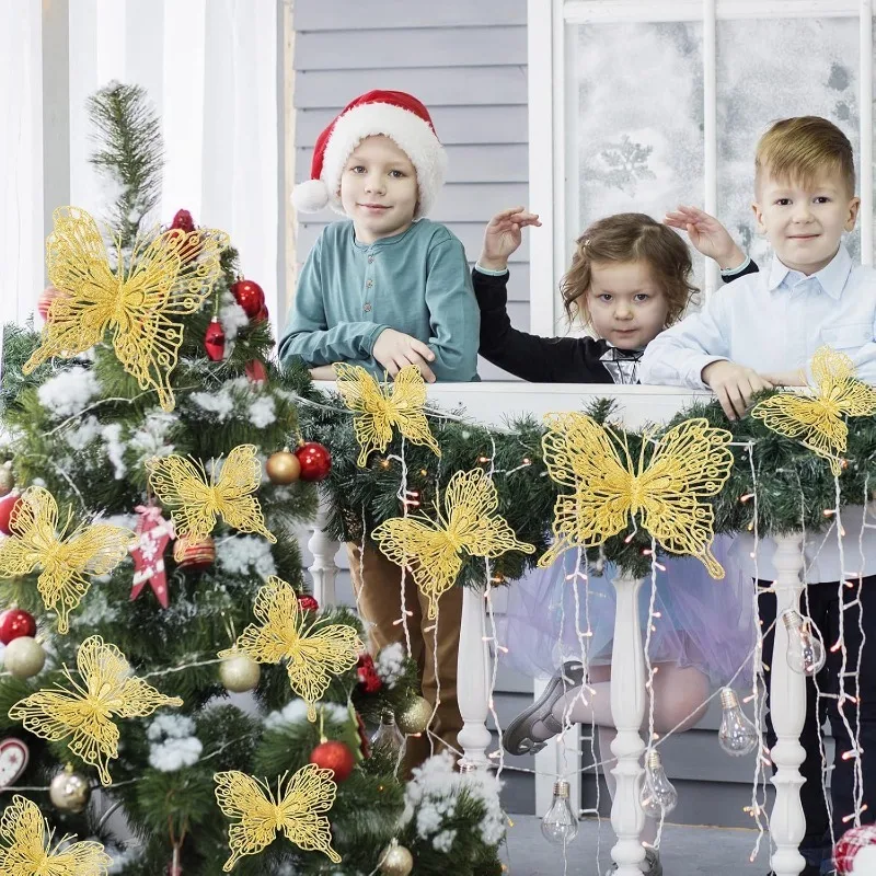 5/10 Stück glitzernde Schmetterlinge, Weihnachtsdekoration, Weihnachtsbaum, funkelnde Schmetterlinge, hängende Ornamente, Heimdekoration, Neujahr 2025, Geschenk – Detail 4