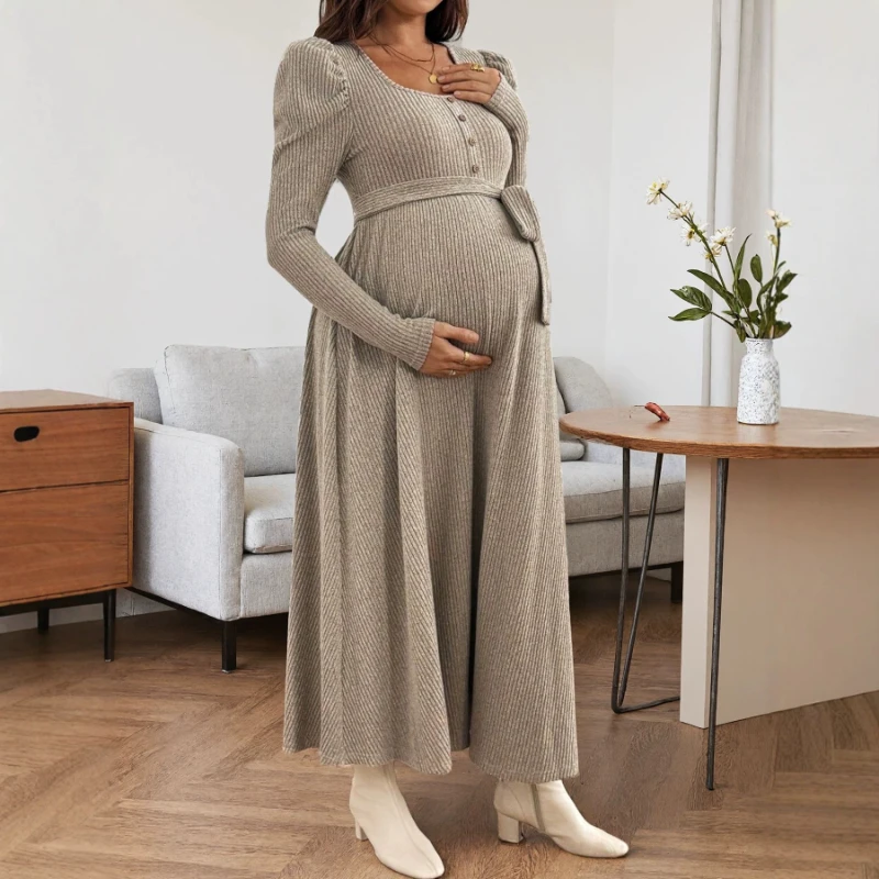 Square Collar Long Sleeved Dress For Pregnant Women Knitted Strap Large Swing Long Skirt Versatile Maternity Skirt