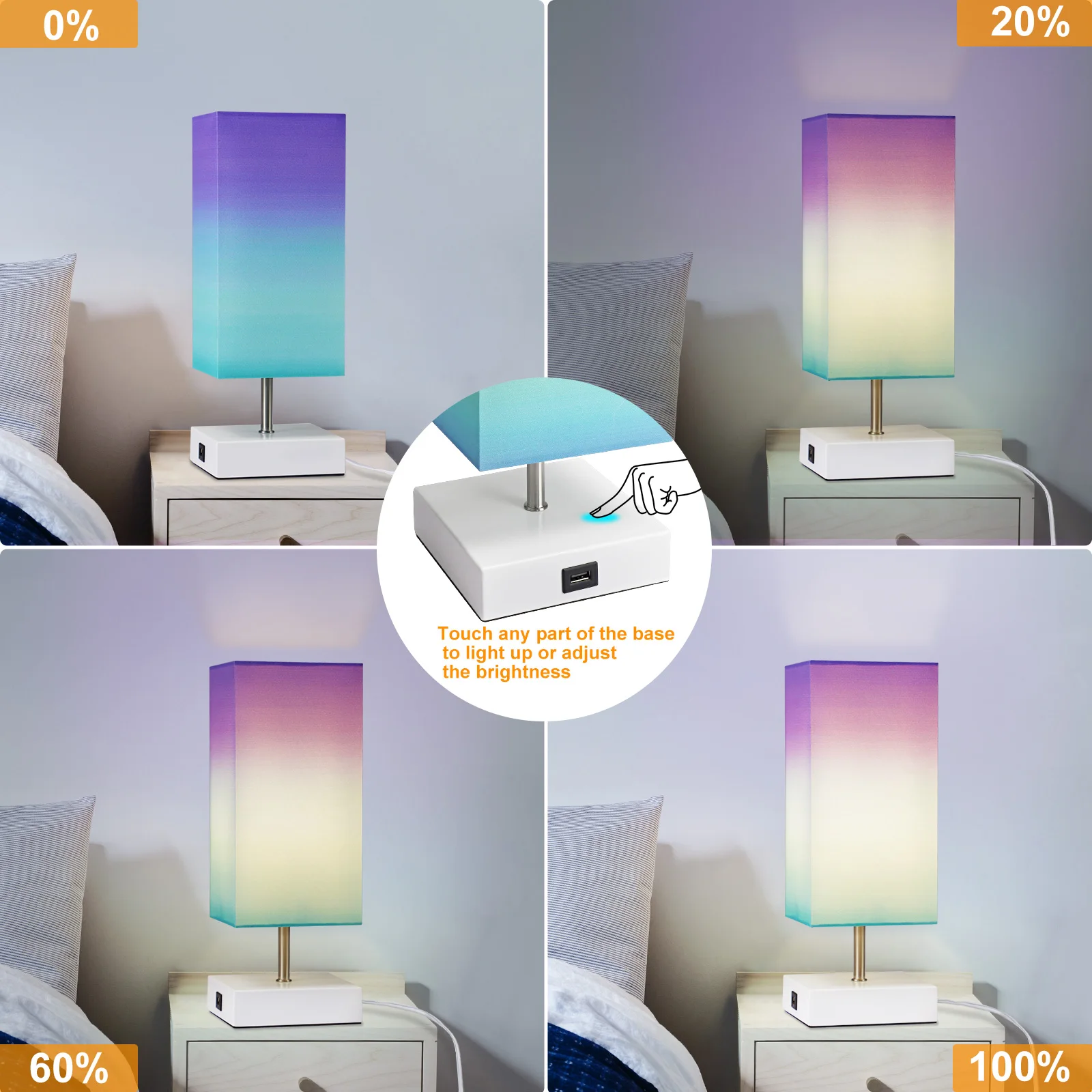 3 Way Dimmable Nightstand Lamp Table Bedside Light for Bedroom Touch Control with USB Charging Port LED Bulb Included