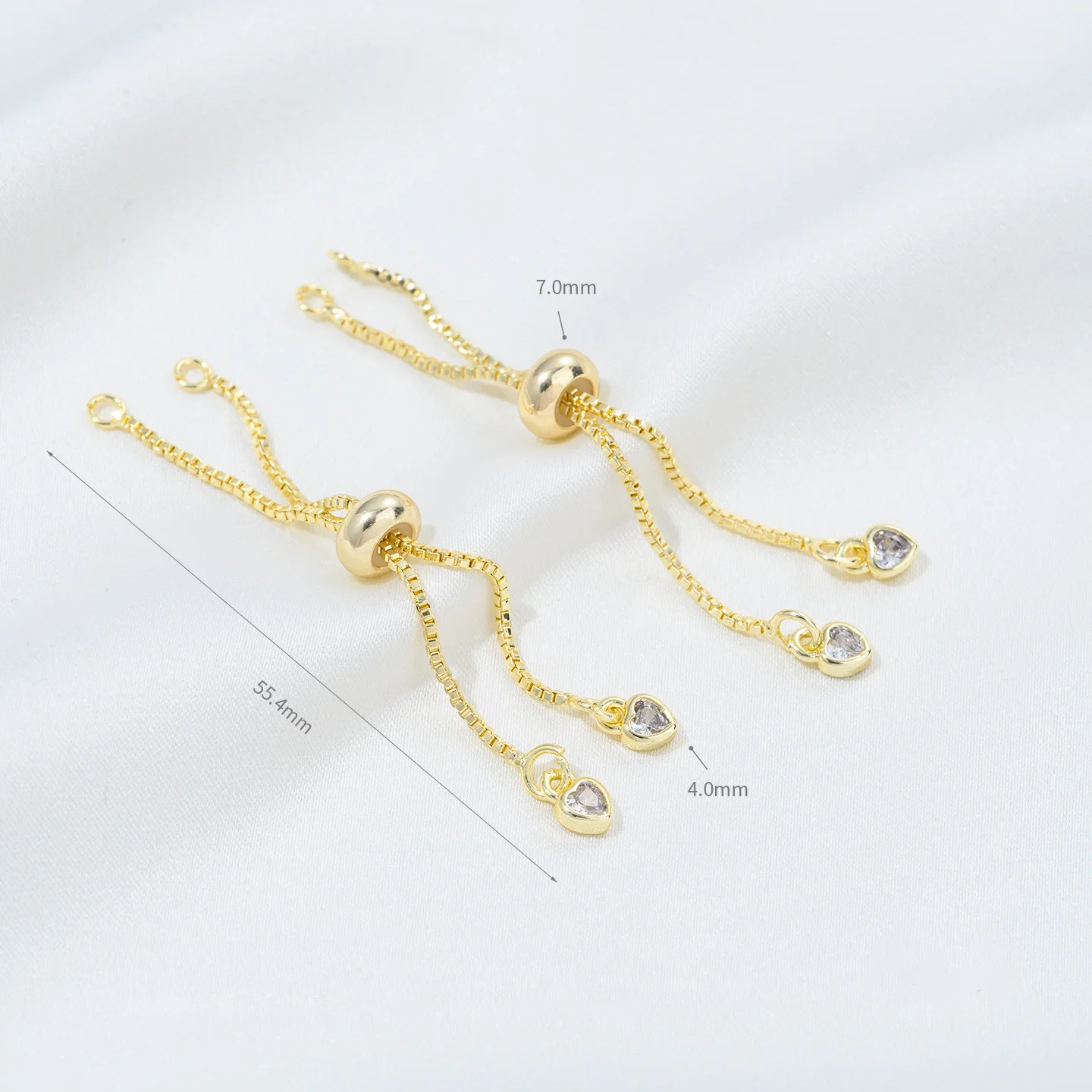 Mix 4pcs Gold Plated Brass Adjustable Slider Chains，Heart with Zircon pull-out Chains For DIY Bracelet Jewelry Making Supplies