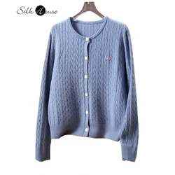 2024 Women's Autumn/Winter New Fried Dough Twists Knitting 100%Merino Wool Round Neck Long Sleeve Skin Friendly Cardigan Sweater