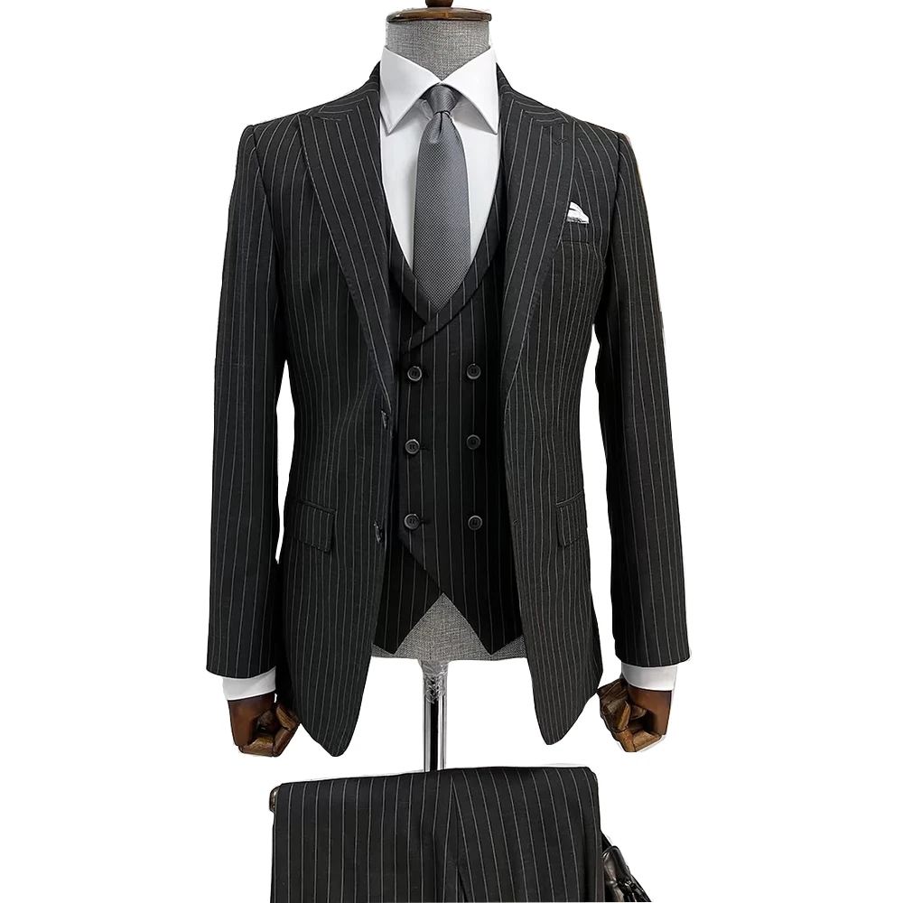 Formal Blazer Black Stripe Men's Suits Single Breasted PeakLapel Slim Fit Luxury 3 Piece Jacket Pants Vest Formal Business Set