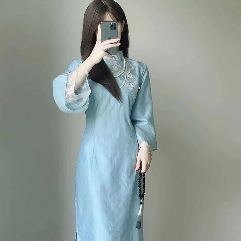 

Blue Cheongsam Mandarin Collar Cheongsams Qipao Improved Qipao Women Elegant Chinese Style Dress Sexy Lace Sleeve Vestidos