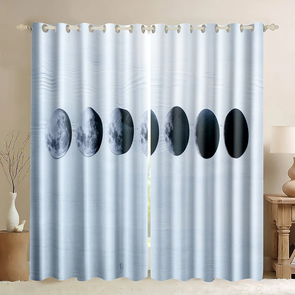 Moon Phases Window Curtains, Phases of The Moon from New to Full Lunar Sequence Stages,Stars Moon 3D Printing Blackout Curtains