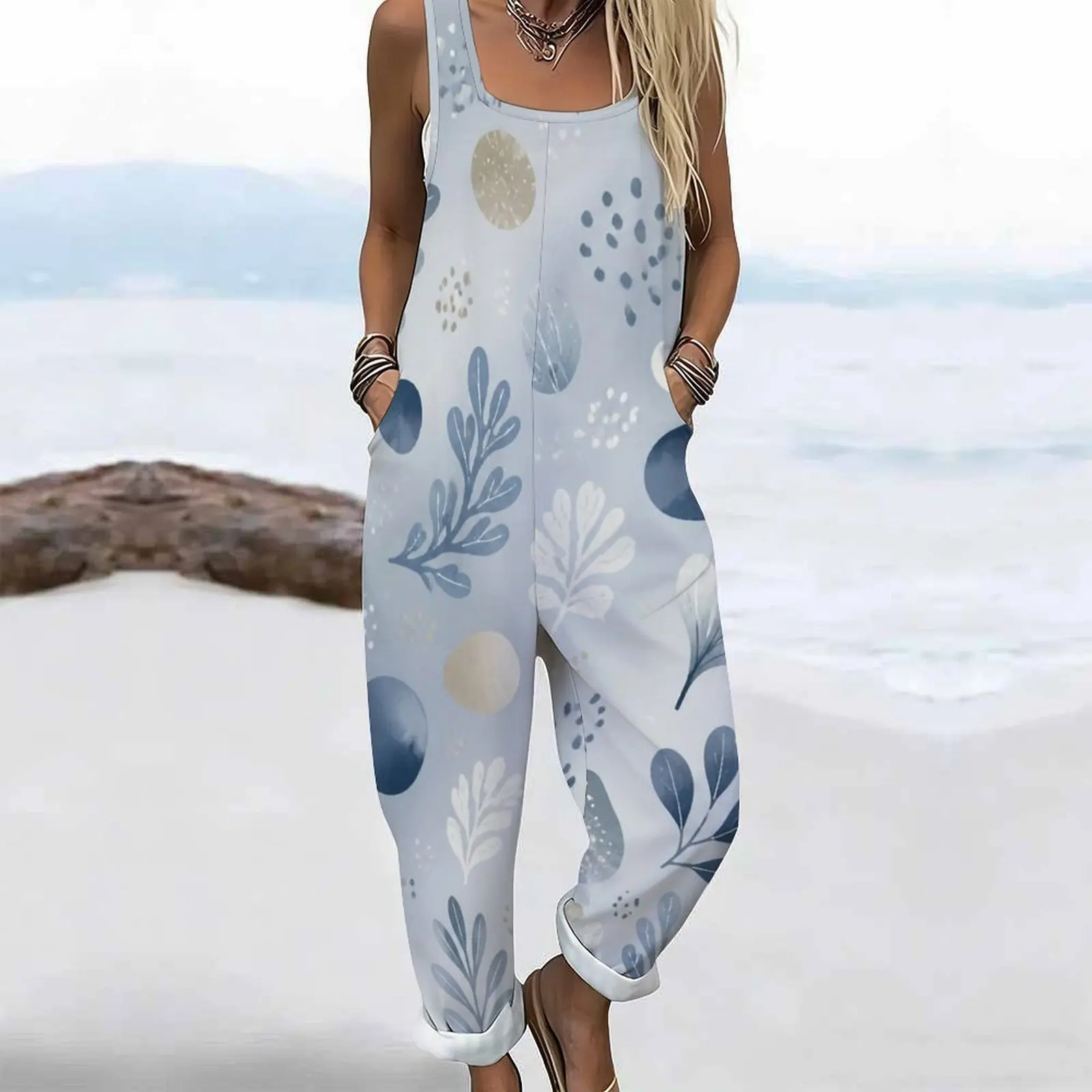 Women Printed Jumpsuit Square Neck Sleeveless Wide Straps Loose Fit Pockets Cuffed Ankle view 2