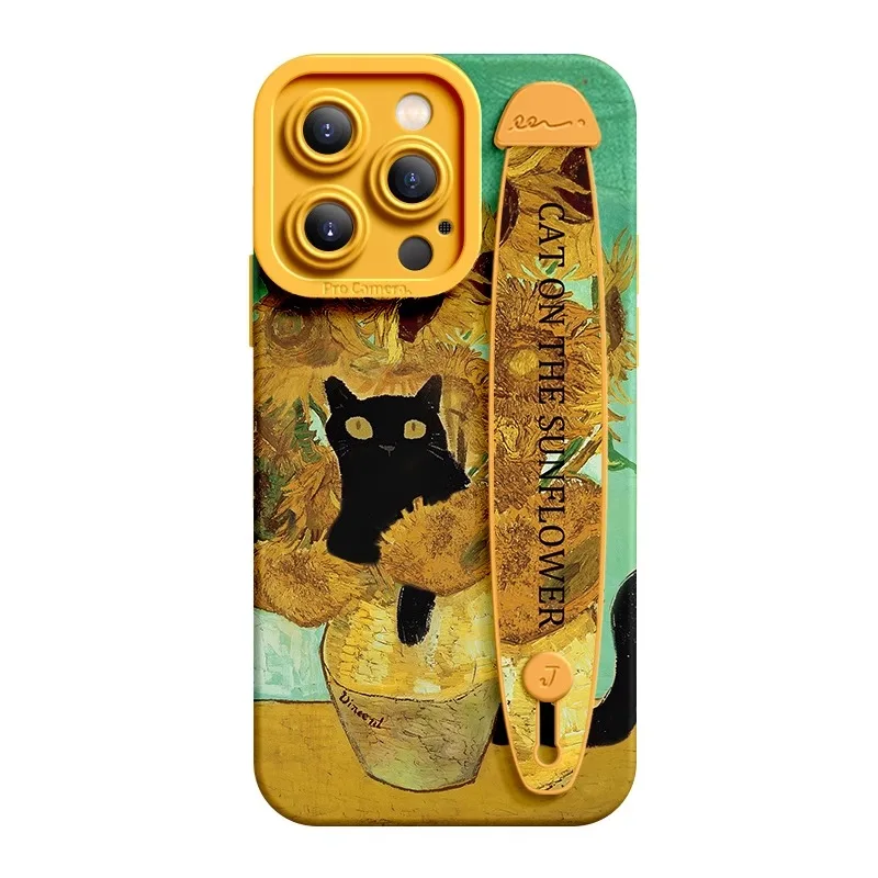 Deluxe Wrist Band Bracket Case For iphone 15 14 13 12 11 Pro Max X XR Xs Silicone Cell Phone Protective Cover Water Lily Cat