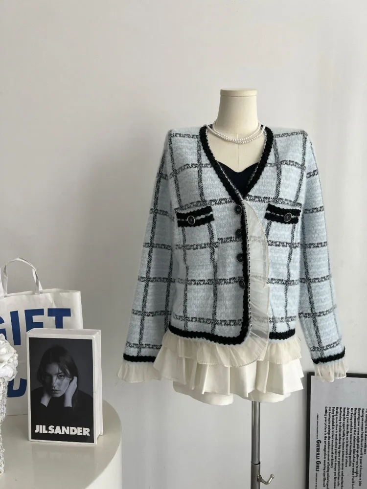 

Korean-style V-neck Plaid Lace Patchwork Women's Jacket Autumn And Winter Loose Thick Short Coat Women's Elegant Commuter Jacket