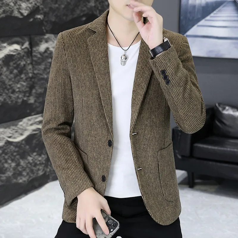 

Two-Button Men's Suit Casual Striped Jaet Single Piece High-End Small-Waist Busin Casual Korean Sle Polyester Blend